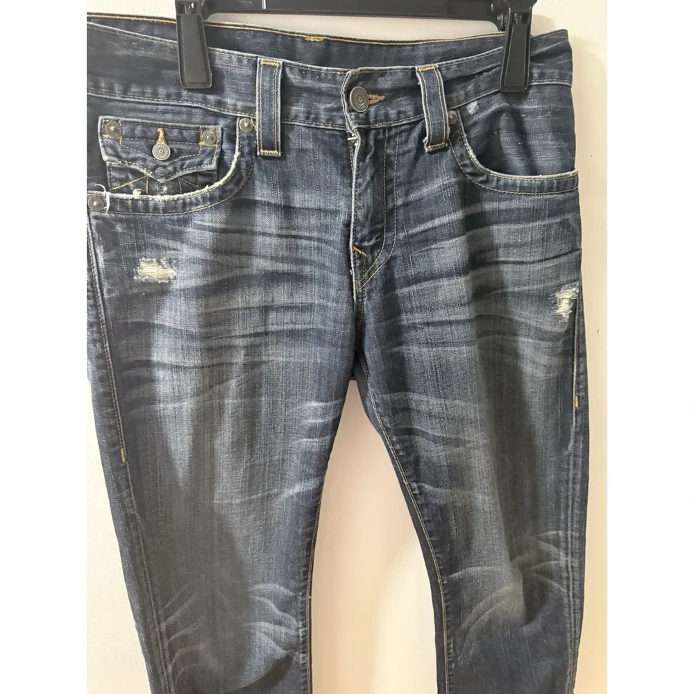 True Religion Ricky Straight Flap Jeans Men Sz 32 x 31 Blue Distress 100% Cotton
